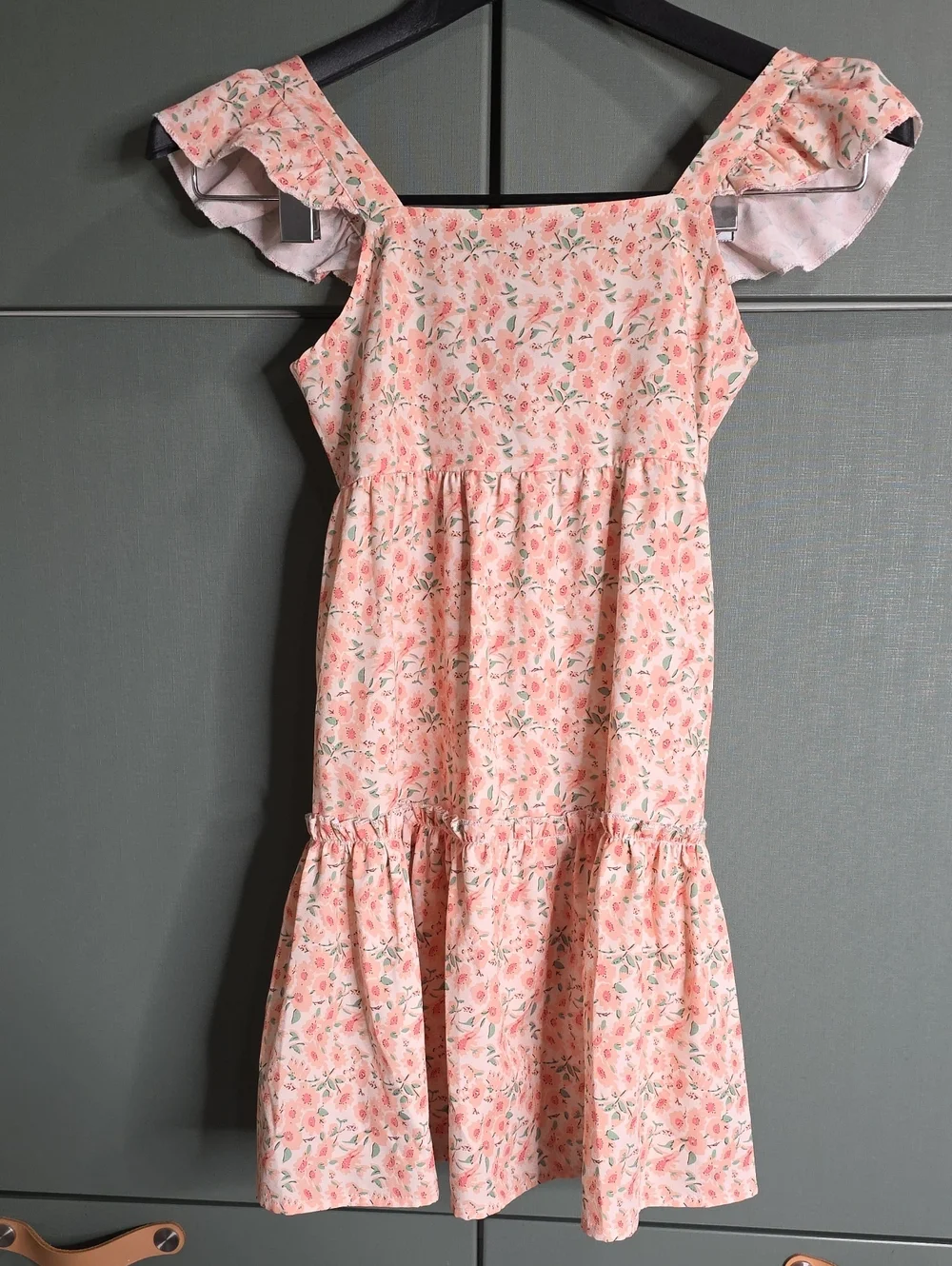 876. Grace Karin Peach Pink Ditsy Floral Flutter Sleeve Tiered Dress - Size 7Y